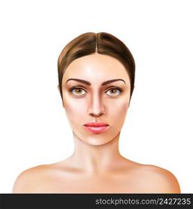 Realistic girl model with brown eyes, light skin and bare shoulders on white background isolated vector illustration. Realistic Girl Model