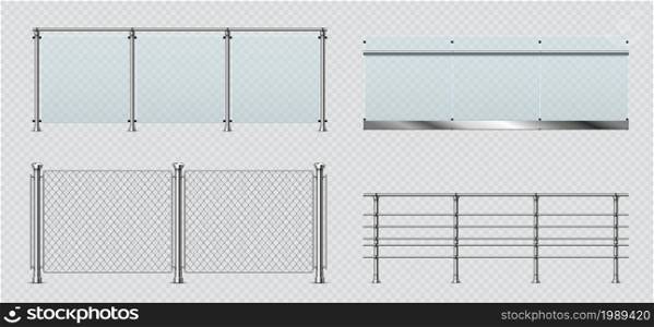 Realistic glass and metal balcony railings, wire fence. Transparent terrace balustrade with steel handrail. Pool fencing sections vector set. Banister sections or panels with pillars. Realistic glass and metal balcony railings, wire fence. Transparent terrace balustrade with steel handrail. Pool fencing sections vector set