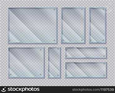 Realistic glass banners with screws. Glass banners shapes with glossy glare reflections. Vector isolated plates with window reflection set on transparent background. Realistic glass banners with screws. Glass banners shapes with glare reflections. Vector isolated plates set
