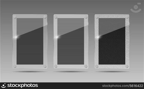 Realistic Glass Frames on Gray Background. Vector Illustration.