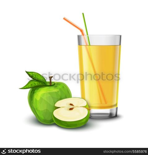 Realistic glass full of juice drink with cocktail straw and apple isolated on white background vector illustration