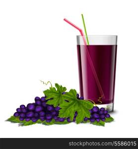 Realistic glass full of juice drink with cocktail straw and grape branch isolated on white background vector illustration