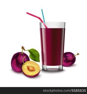 Realistic glass full of juice drink with cocktail straw and plum isolated on white background vector illustration