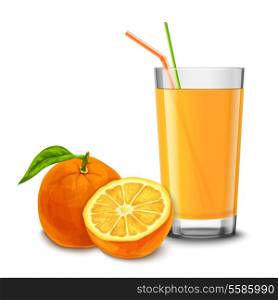 Realistic glass full of juice with cocktail straw and orange fruit isolated on white background vector illustration