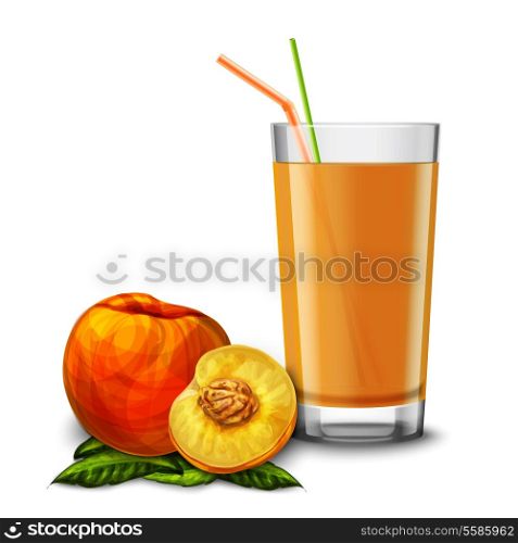 Realistic glass full of juice with cocktail straw and peach fruit isolated on white background vector illustration
