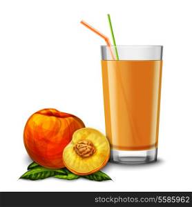 Realistic glass full of juice with cocktail straw and peach fruit isolated on white background vector illustration