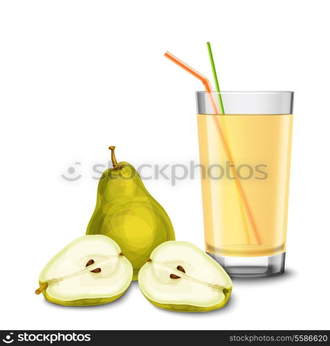 Realistic glass full of juice with cocktail straw and pear fruit isolated on white background vector illustration