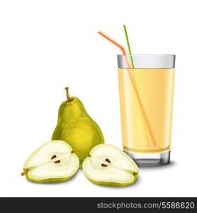 Realistic glass full of juice with cocktail straw and pear fruit isolated on white background vector illustration