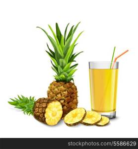 Realistic glass full of juice with cocktail straw and pineapple fruit isolated on white background vector illustration
