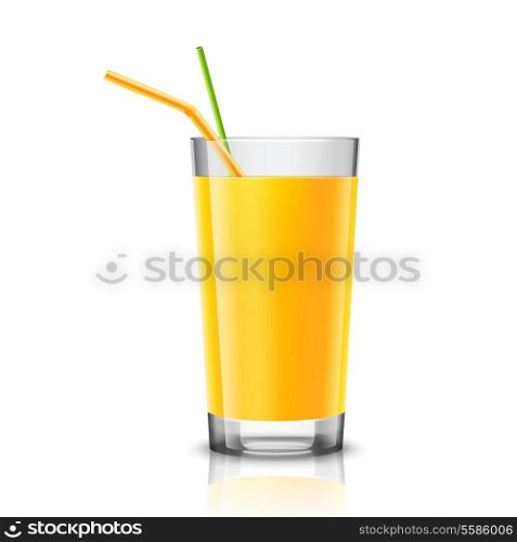 Realistic glass full of orange juice drink with cocktail straw isolated on white background vector illustration