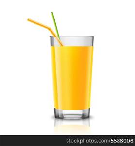 Realistic glass full of orange juice drink with cocktail straw isolated on white background vector illustration