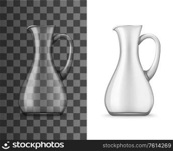Realistic glass jug with narrow neck and handle, 3d vector mockup. Transparent pitcher for drinks, clean empty bowl side view. Kitchenware object, glass tall jug utensil for cold beverages. Realistic glass jug with narrow neck and handle