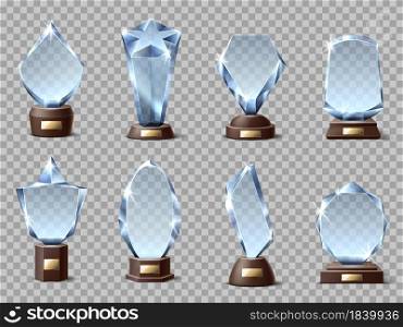 Realistic glass trophies. Modern shapes crystal winners awards, 3d empty templates, sparkling figurines, pedestals with signs of first place in challenge competition vector set. Realistic glass trophies. Modern shapes crystal winners awards, 3d empty templates, sparkling figurines, pedestals with signs. Vector set