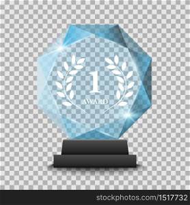 Realistic glass trophy award on transparent background, vector illustration