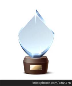 Realistic glass trophy. Modern shape crystal, winner award 3d element, empty template, sparkling figurine, pedestal with gold sign. Challenge or competition first place. Vector isolated illustration. Realistic glass trophy. Modern shape crystal, winner award 3d element, empty template, sparkling figurine, pedestal with gold sign. Challenge or competition vector isolated illustration