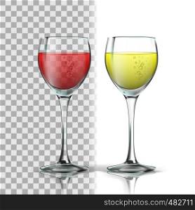 Realistic Glass With Red And White Wine Vector. Full Glasswine With Wine. Production From Fermented Grape Alcoholic Drink With Bubbles. Isolated On Transparency Grid Background. 3d Illustration. Realistic Glass With Red And White Wine Vector