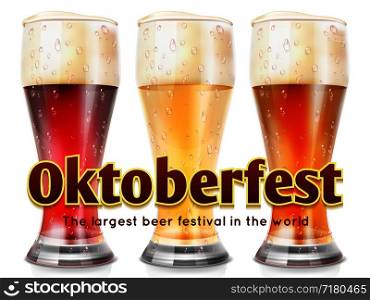 Realistic glasses of beer vector illustration. Oktoberfest banner template isolated on white background. Realistic glasses of beer vector illustration. Oktoberfest banner template