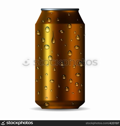 Realistic gold aluminum can with drops isolated on a white background. Realistic gold aluminum can with drops