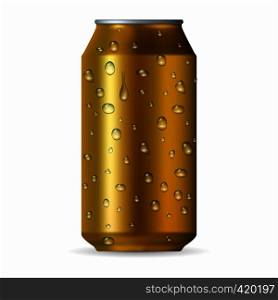 Realistic gold aluminum can with drops isolated on a white background. Realistic gold aluminum can with drops