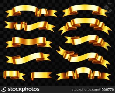Realistic gold banner. Golden horizontal celebration ribbon. Scroll ribbons and award banners label, satin flag or glossy sticker tag, decorative vintage 3D isolated icons vector illustration set. Realistic gold banner. Golden horizontal celebration ribbon. Scroll ribbons and award banners isolated vector illustration