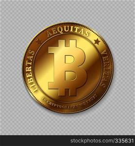 Realistic gold bitcoin on transparent background. Golden bitcoin electronic currency, vector illustration. Realistic gold bitcoin on transparent background