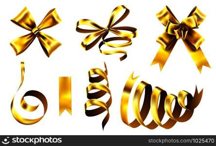 Realistic gold bows. Decorative golden favor ribbon, christmas gift wrapping bow and shiny ribbons. Luxury decor ribbons, christmas box bows. 3D isolated vector illustration symbols set. Realistic gold bows. Decorative golden favor ribbon, christmas gift wrapping bow and shiny ribbons 3D vector illustration set