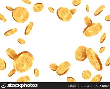 Realistic gold coins. Golden coins explosion backdrop, casino jackpot cash money concept, shiny 3D gold treasure vector background illustration. Precious prize in casino, having luck. Realistic gold coins. Golden coins explosion backdrop, casino jackpot cash money concept, shiny 3D gold treasure vector background illustration