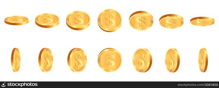 Realistic gold coins. Golden shiny cash coin, jackpot coin dollar animation, gold 3D treasure prize, golden money vector illustration icons set. Gambling concept, winning in casino. Realistic gold coins. Golden shiny cash coin, jackpot coin dollar animation, gold 3D treasure prize, golden money vector illustration icons set