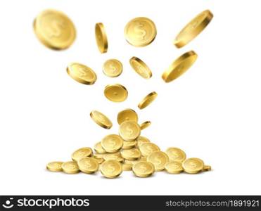 Realistic gold coins pile. Golden dollars pour down from above, 3d money heap cash, flying coins, treasure piles, gambling prize, win bonus, isolated elements on white background. Vector concept. Realistic gold coins pile. Golden dollars pour down from above, 3d money heap cash, flying coins, treasure piles, gambling prize, win bonus, isolated elements on white. Vector concept