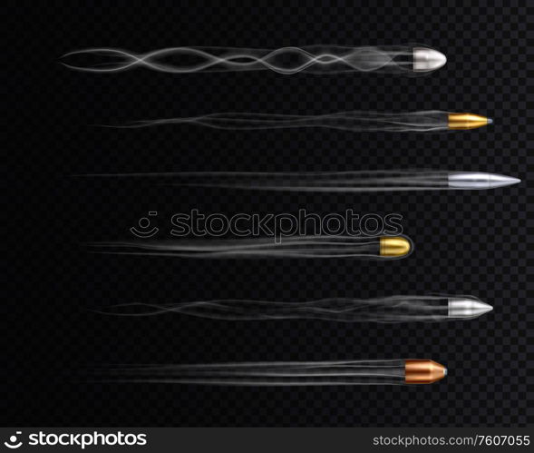 Realistic gold copper and silver flying bullets with traces on dark transparent background isolated vector illustration