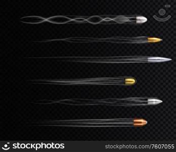 Realistic gold copper and silver flying bullets with traces on dark transparent background isolated vector illustration