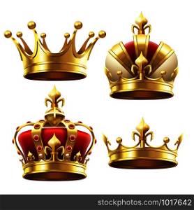 Realistic gold crown. Crowning headdress for king and queen. Royal golden noble aristocrat monarchy red jewel crowns. Monarch jewels royalty luxury coronation 3d vector isolated icons set. Realistic gold crown. Crowning headdress for king and queen. Royal crowns vector set