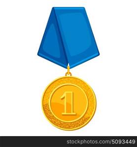 Realistic gold medal with blue ribbon. Illustration of award for sports or corporate competitions. Realictic gold medal with blue ribbon. Illustration of award for sports or corporate competitions.