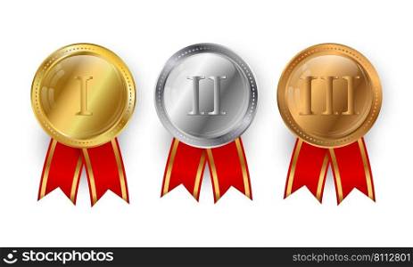 Realistic gold, silver and bronze medal winners with red ribbon on a white background.Vector illustration of a set of sports awards.