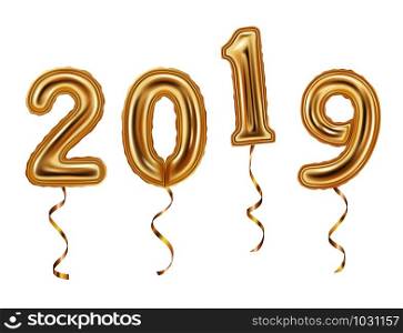 Realistic golden balloons decoration, 2019 happy new year celebration, isolated on white background vector illustration. Realistic golden balloons decoration, 2019 happy new year
