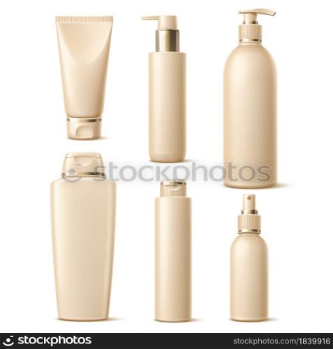 Realistic golden caps cosmetic. Luxury skincare products packaging, elegant designs containers, 3d bottles nude shades templates and product mockup design vector set. Realistic golden caps cosmetic. Luxury skincare products packaging, elegant designs containers, 3d bottles nude shades templates. Vector set