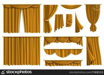 Realistic golden curtains. Luxury fabric silk curtain for theatre or window decoration in interior isolated vector drapery elegant set. Realistic golden curtains. Luxury fabric silk curtain for theatre or window decoration in interior isolated vector set
