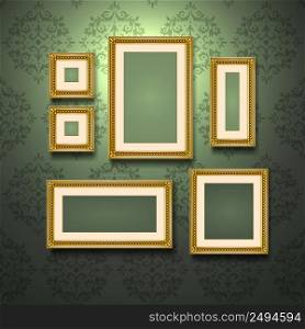 Realistic golden frames on retro style ornament wallpaper wall vector illustration. Golden Frames On Wall