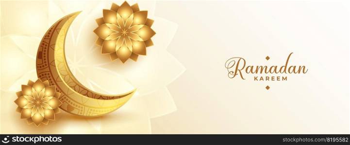 realistic golden ramadan kareem banner with moon and flower