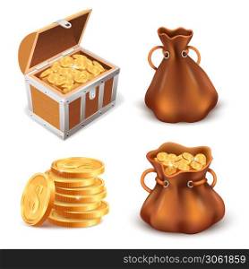 Realistic golden treasure. Coins stack, wooden treasure chest and canvas sack full of gold coins, shiny golden treasure vector illustration set. Saving money, wealth and game bonus. Realistic golden treasure. Coins stack, wooden treasure chest and canvas sack full of gold coins, shiny golden treasure vector illustration set