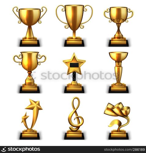 Realistic golden trophy cups and sports awards vector set. Triumph sport award and prize, winner trophy gold cup illustration. Realistic golden trophy cups and sports awards vector set