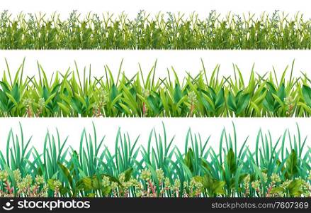 Realistic grass shades of green leaves foliage plants 3 horizontal decorative seamless patterns set isolated vector illustration