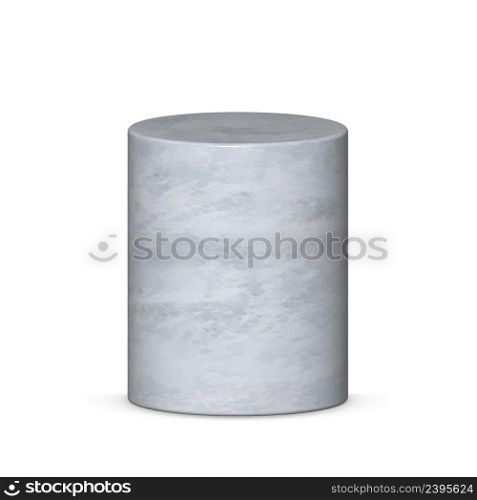 Realistic gray 3d cylinder. 3d vector. Gray column 3d. Realistic pedestal isolated on white. . Realistic gray 3d cylinder stand isolated on white.