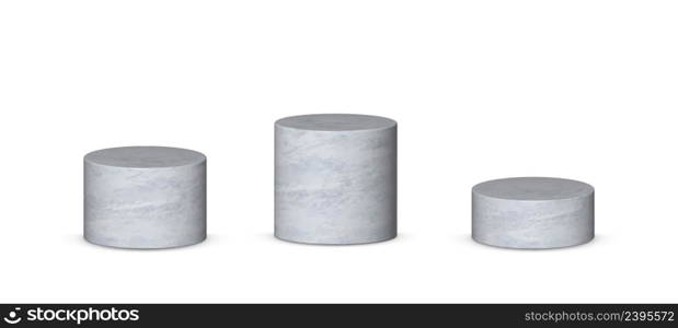 Realistic gray 3d cylinder. 3d vector set. Gray column 3d. Realistic pedestal isolated on white. . Realistic gray 3d cylinder stand set isolated on white.