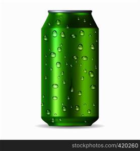 Realistic green aluminum can with drops isolated on a white background. Realistic green aluminum can with drops