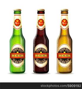 Realistic green and brown beer bottles set isolated vector illustration. Beer Bottles Set