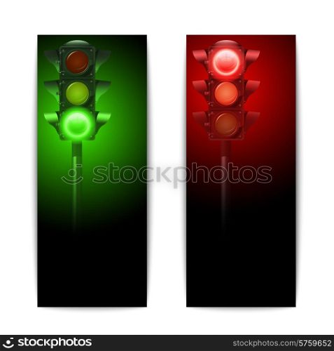 Realistic green and red traffic lights vertical banners set isolated vector illustration