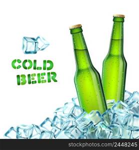 Realistic green beer bottles in ice cubes decorative icons vector illustration. Beer Bottles And Ice
