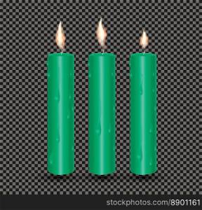 Realistic Green Glowing Candles with Melted Wax. Vector Illustration