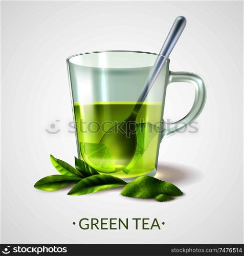 Realistic green tea background with editable text and images of ripe leaves and cup with spoon vector illustration